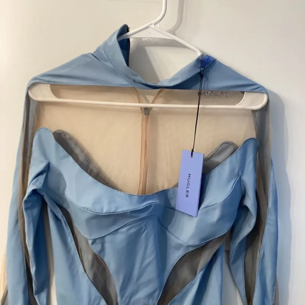 Mugler Illusion Cutout Bodysuit –‎ Light Blue Mesh, Size 8 | NWT